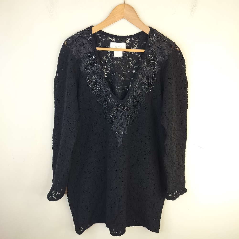 Cache Lace Tunic Top Womens One Size Beaded Sequin‎ Bows Vintage Coquette Black